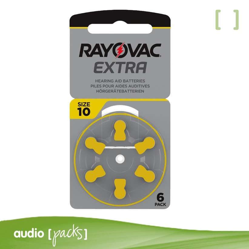 Un paquete de pilas para audífonos Rayovac Extra tamaño 10, que contiene seis Pilas sin Mercurio. El paquete tiene un diseño gris y amarillo con información del producto impresa.