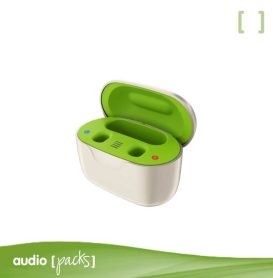 Phonak Charger Case Go abierto, cargador inductivo portátil con batería interna para audífonos Phonak Audéo Life.
