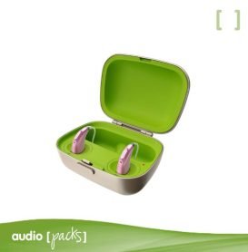 Cargador estuche Phonak Charger Combi BTE 2 con audífonos Naída L-PR y Sky L-PR dentro, mostrando su diseño compacto y sistema de carga eficiente.