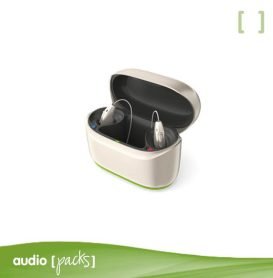 Phonak Charger GO RIC Infinio con audífonos Phonak Audéo R Infinio R y CROS Infinio dentro, sistema de carga portátil con batería integrada.