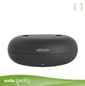 Cargador de escritorio Oticon - Mini BTE R con audífonos conectados y cable USB.