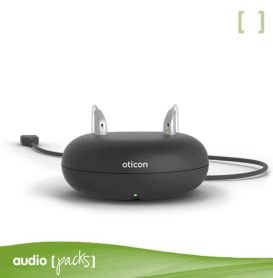 Cargador de escritorio Oticon miniRITE con audífonos en carga y luz LED encendida, diseño moderno y compacto - AudioPacks.