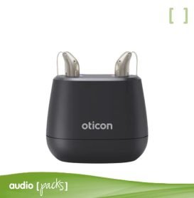 Cargador Oticon miniRITE con audífonos recargables colocados. Diseño compacto y seguro para carga eficiente - audiopacks