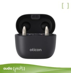 Cargador Oticon SmartCharger miniRITE R con audífonos en carga, disponible en Audiopacks.