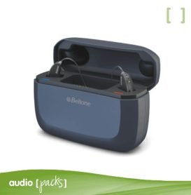 Cargador Premium Beltone con audífonos en carga, sistema de carga ultra rápida y batería integrada – AudioPacks