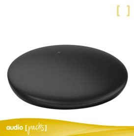 Vista frontal y superior del accesorio de streaming Signia TV Sound, un dispositivo compacto y redondo en color negro.