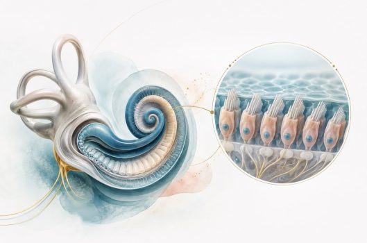 Ilustración médica del laberinto del oído interno con una vista ampliada en detalle de las filas de células ciliadas de la cóclea y la estabilidad de su membrana celular.