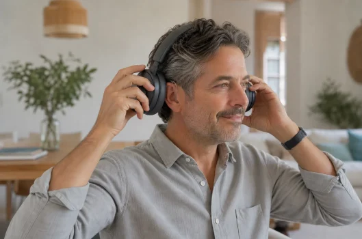 Persona colocándose unos auriculares sobre sus audífonos en un entorno doméstico