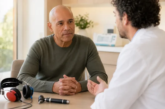Hombre adulto conversando con un audiólogo durante una revisión auditiva